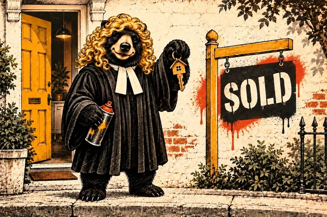 A bear in a judge's wig and robe holds up house keys and a spray can beside a yellow door and a stenciled SOLD sign.