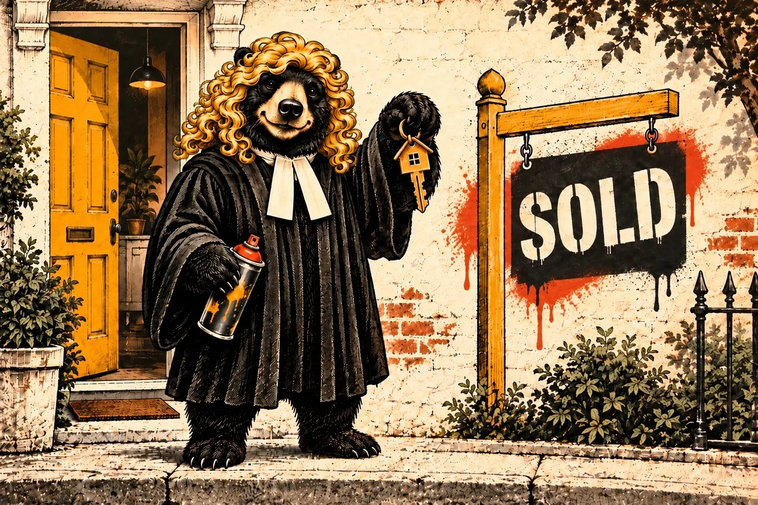 A bear in a judge's wig and robe holds up house keys and a spray can beside a yellow door and a stenciled SOLD sign.