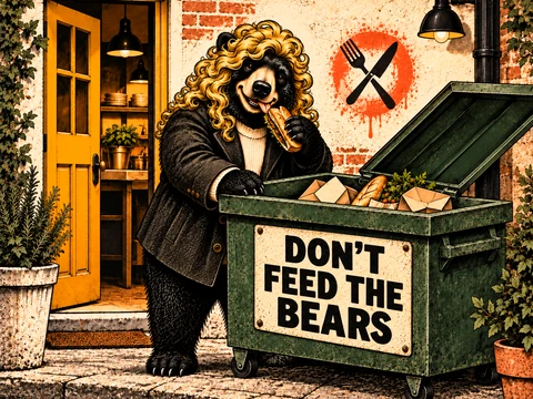 A blonde-haired bear eats a sandwich beside a dumpster with a sign reading Don't feed the bears.