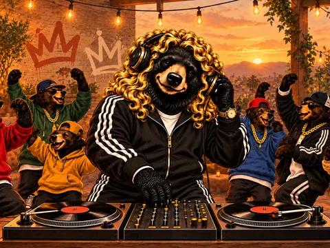 Blonde bear DJ at turntables with a dressed-up bear party under string lights, for entertainment and live music.