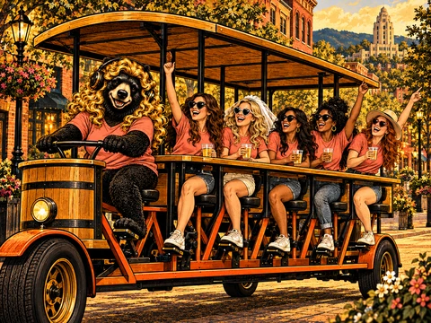 Blonde bear pedaling a party bike with a bridal crew in matching coral shirts.
